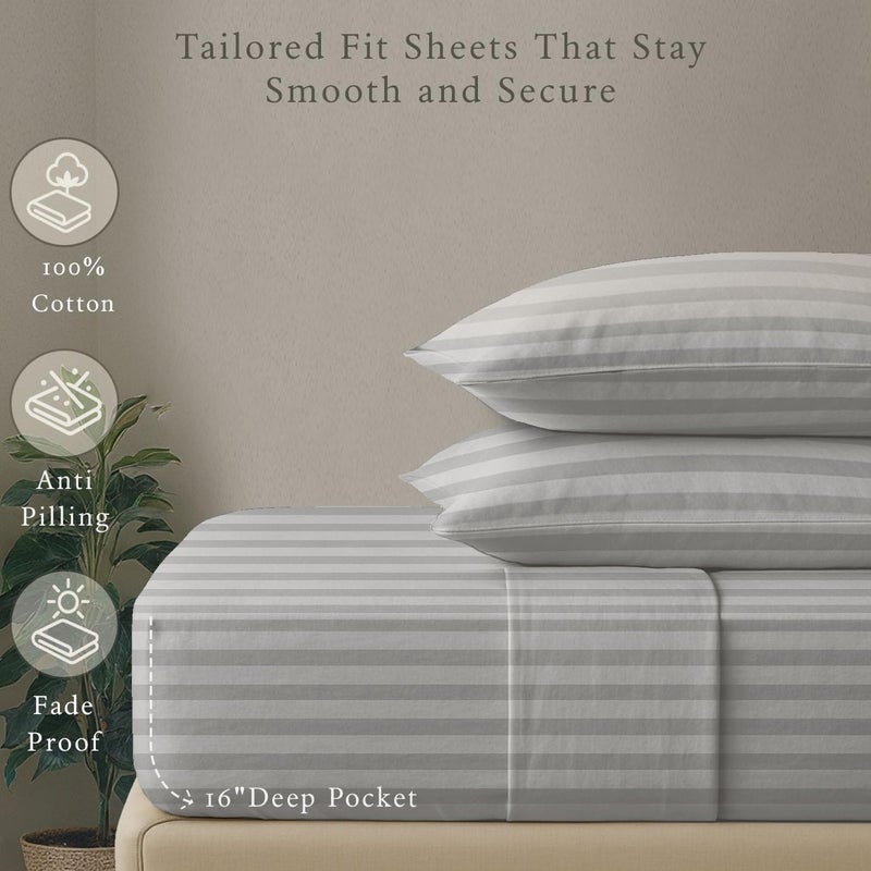 Threadmill 500 Thread Count Queen Size Damask Stripe, 4 Pc Luxury Cotton Bedding Set, Breathable Light Grey Sheets with 16" Elasticized Deep Pocket, 2 Pillowcases & Free Tote Bag - Image 5